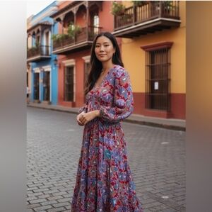 Caroline Costas Smocked Floral Print Dress